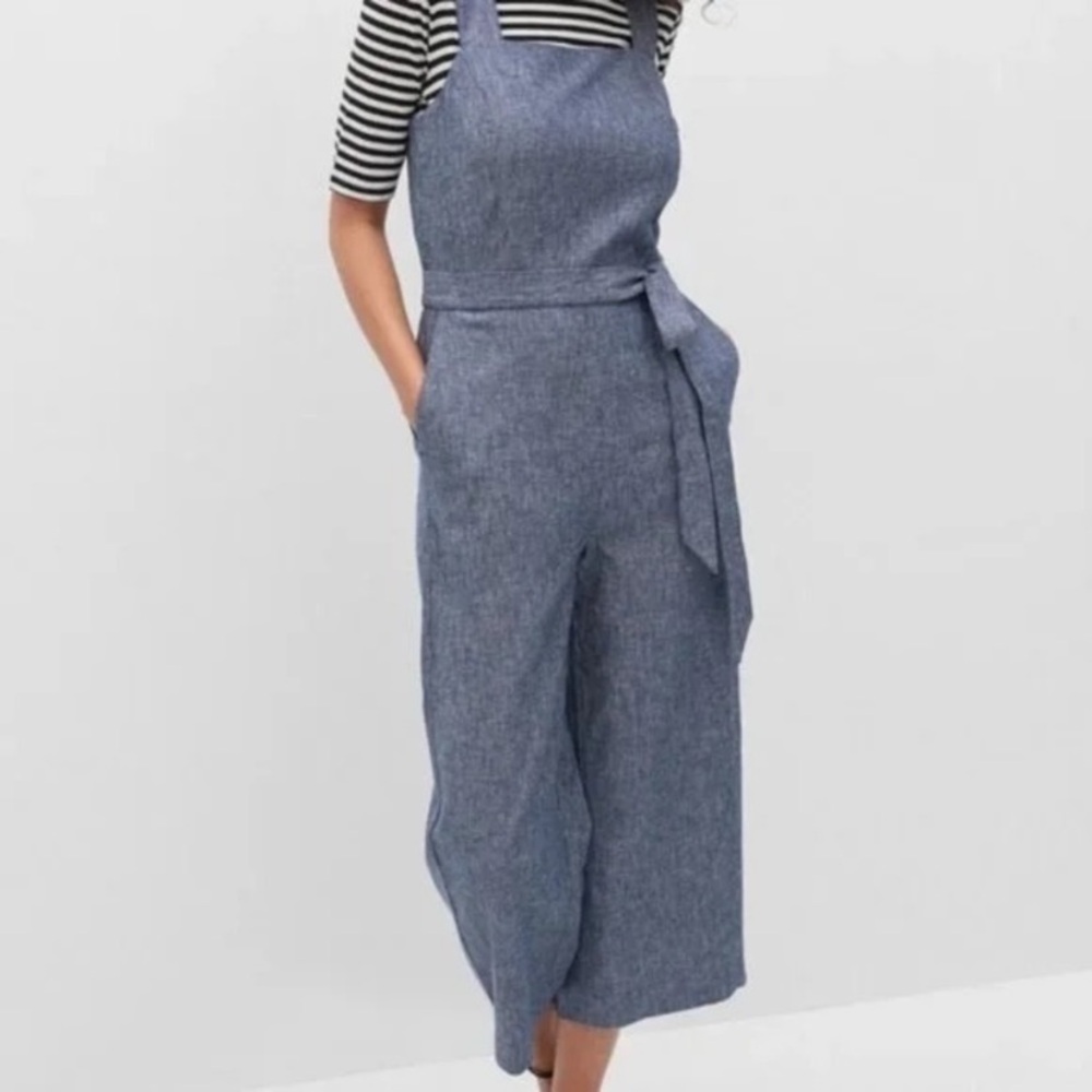 Gap Linen Blend Culotte Jumpsuit Indigo Chambray Wide Leg
